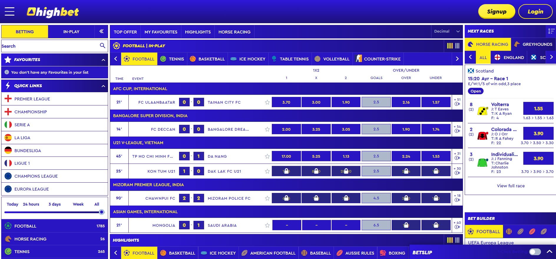 Highbet Betting Markets